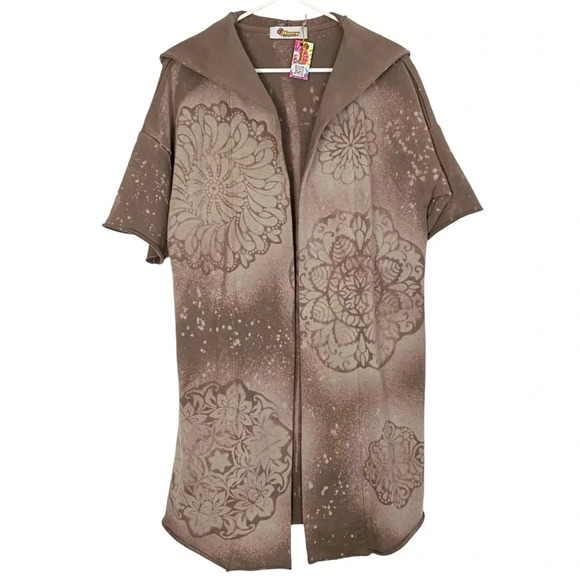 Handmade Sweatshirt Hoodie Cardigan Womens Small Medium Taupe Tan Floral Mandala - Picture 1 of 13